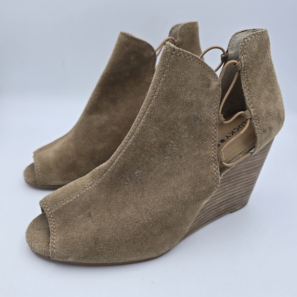 Lucky Brand Reevas Wedge Peep-Toe Ankle Booties, Tan Suede, Women's 10 - Picture 5 of 16